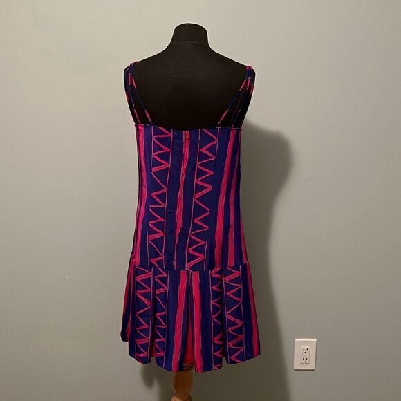 Vintage Women's Pink & Blue Striped Zigzag Spaghetti Strap Pleated Dress - Picture 5 of 9